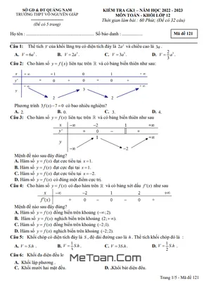 Đề kiểm tra GK1 Toán 12 năm 2022 – 2023 trường THPT Võ Nguyên Giáp – Quảng Nam
