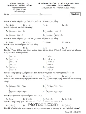 Đề Tham Khảo Cuối Kì 2 Toán 12 Năm 2022 - 2023 Trường THPT Hướng Phùng - Quảng Trị