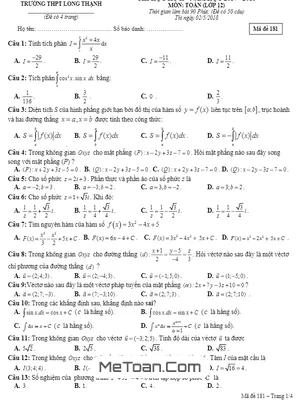 Đề thi học kỳ 2 Toán 12 năm 2017 - 2018 trường THPT Long Thạnh - Kiên Giang