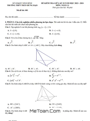 Đề Thi Giữa Kỳ 2 Môn Toán Lớp 11 Năm 2023 - 2024 Trường THPT Trần Hưng Đạo - Ninh Bình