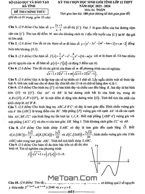 Đề thi chọn học sinh giỏi tỉnh Toán 12 năm 2023 - 2024 Sở GD&ĐT Hà Tĩnh