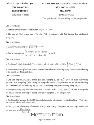 Đề thi chọn học sinh giỏi tỉnh Toán 12 năm 2019 - 2020 sở GD&ĐT Đồng Tháp