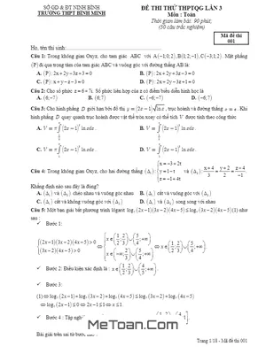 Đề thi thử Toán THPTQG 2018 trường THPT Bình Minh – Ninh Bình lần 3