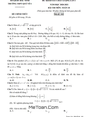 Đề khảo sát chất lượng Toán 10 lần 1 năm 2020 - 2021 trường Quế Võ 1 - Bắc Ninh