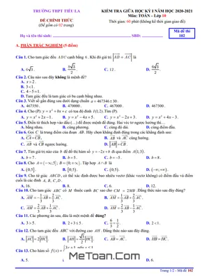 Đề thi giữa HK1 Toán 10 năm 2020 - 2021 trường THPT Tiểu La - Quảng Nam