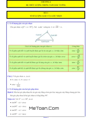 Tổng Hợp Các Dạng Bài Tập Hệ Thức Lượng Trong Tam Giác Vuông Toán 9 Cánh Diều