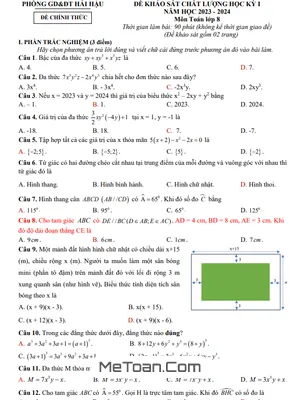 Đề thi học kỳ 1 Toán 8 năm 2023 - 2024 phòng GD&ĐT Hải Hậu - Nam Định