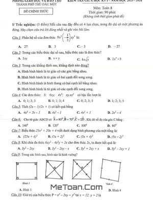 Đề thi giữa học kỳ 1 Toán 8 năm 2023 - 2024 phòng GD&ĐT Thủ Dầu Một - Bình Dương