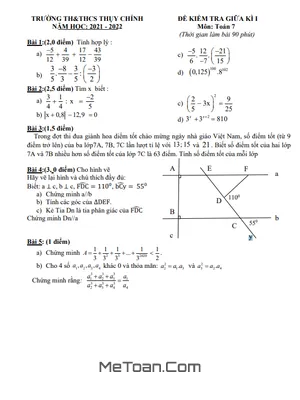 Đề thi giữa kì 1 Toán 7 năm 2021 - 2022 trường TH&THCS Thụy Chính - Thái Bình