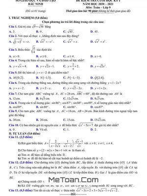 Đề thi cuối kỳ 1 Toán 9 năm 2020 - 2021 sở GD&ĐT Bắc Ninh