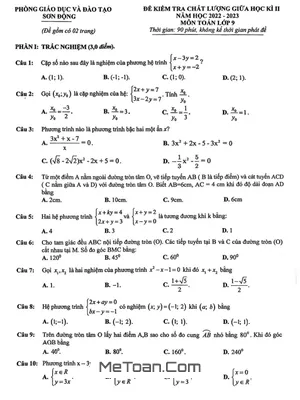 Đề thi giữa kì 2 Toán 9 năm 2022 - 2023 phòng GD&ĐT Sơn Động - Bắc Giang
