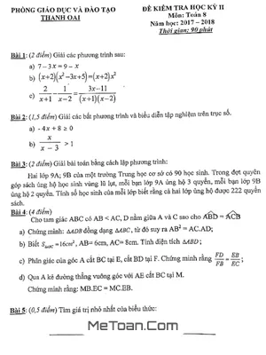 Đề thi học kỳ 2 Toán lớp 8 năm 2017 - 2018 phòng GD&ĐT Thanh Oai - Hà Nội (có lời giải)