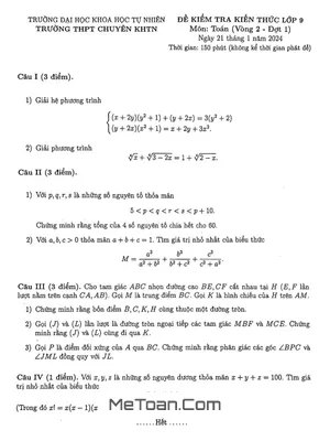Đề thi Toán 9 vào lớp 10 chuyên KHTN Hà Nội năm 2023 - 2024 (Vòng 2 - Đợt 1)