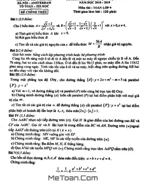 Đề thi học kỳ 2 môn Toán lớp 9 năm 2018 - 2019 trường THCS chuyên Hà Nội - Amsterdam