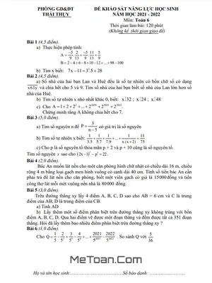 Đề khảo sát năng lực Toán 6 năm 2021 - 2022 phòng GD&ĐT Thái Thụy - Thái Bình