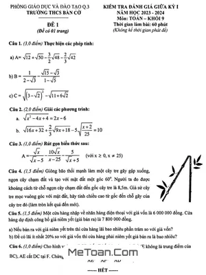 Đề Thi Giữa Kỳ 1 Toán 9 Năm 2023 - 2024 Trường THCS Bàn Cờ - TP HCM