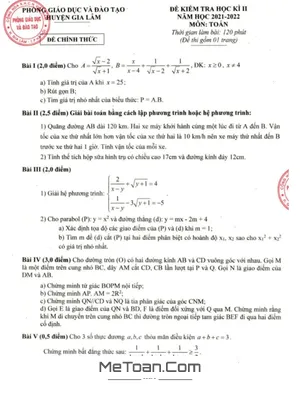Đề thi học kì 2 Toán lớp 9 năm 2021 - 2022 phòng GD&ĐT Gia Lâm - Hà Nội