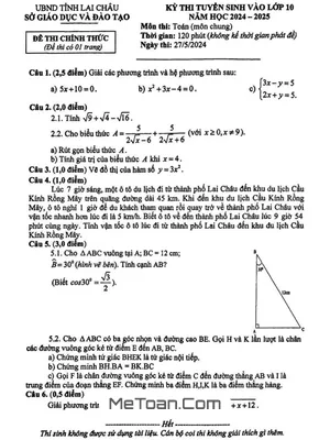 Đề thi tuyển sinh lớp 10 môn Toán (chung) năm 2024 - 2025 Sở GD&ĐT Lai Châu