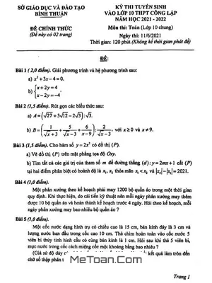 Đề thi tuyển sinh lớp 10 môn Toán Sở GD&ĐT Bình Thuận năm 2021 - 2022
