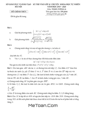 Đề Toán tuyển sinh lớp 10 năm 2019 trường chuyên KHTN – Hà Nội (Vòng 2)