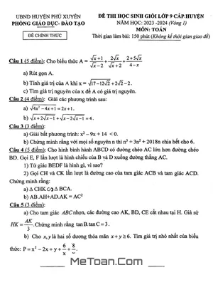 Đề thi học sinh giỏi Toán 9 năm 2023 - 2024 phòng GD&ĐT Phú Xuyên - Hà Nội (Vòng 1)