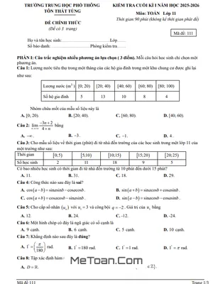 Đề thi học kì 1 môn Toán 11 năm học 2025 – 2026 trường THPT Tôn Thất Tùng – Đà Nẵng