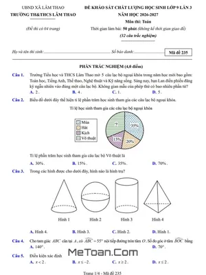 Đề Khảo Sát Toán 9 Lần 3 Năm 2026 - TH&THCS Lâm Thao, Bắc Ninh Kèm Đáp Án Chi Tiết