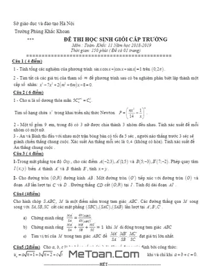 Đề thi HSG Toán 11 năm 2018 - 2019 trường Phùng Khắc Khoan - Hà Nội
