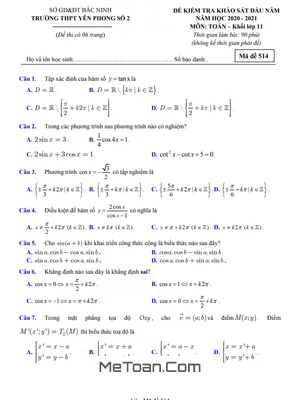 Đề KSCL Đầu Năm Toán 11 Năm 2020 - 2021 Trường Yên Phong 2 - Bắc Ninh