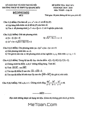 Đề thi học kì 1 Toán 10 năm 2019 - 2020 trường Tạ Quang Bửu - Hà Nội