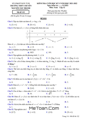 Đề thi HK1 Toán 12 năm 2021 - 2022 trường chuyên Nguyễn Tất Thành - Kon Tum