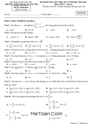 Đề Thi Giữa Kỳ 1 Toán 11 Năm 2023 - 2024 Trường THPT Thị Xã Quảng Trị