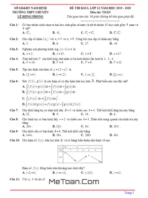 Đề thi KSCL Toán 12 năm 2019 - 2020 trường chuyên Lê Hồng Phong - Nam Định