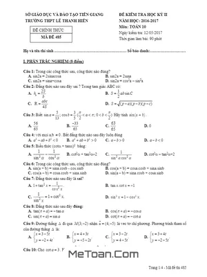 Đề thi HK2 Toán 10 năm 2016 - 2017 trường THPT Lê Thanh Hiền - Tiền Giang