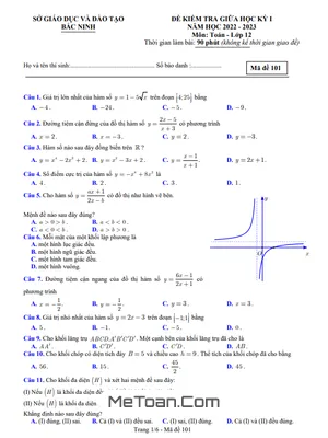 Đề kiểm tra giữa học kỳ 1 Toán 12 năm 2022 - 2023 sở GD&ĐT Bắc Ninh