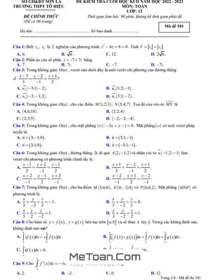 Đề thi cuối kì 2 Toán 12 năm 2022 – 2023 trường THPT Tô Hiệu – Sơn La