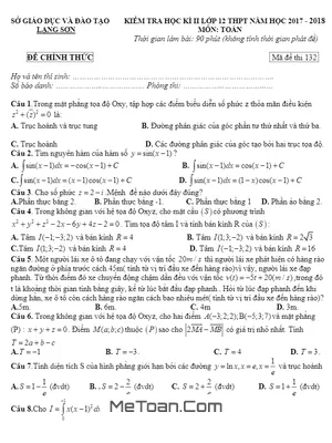 Đề thi HK2 Toán 12 năm 2017 - 2018 Sở GD&ĐT Lạng Sơn (có đáp án)
