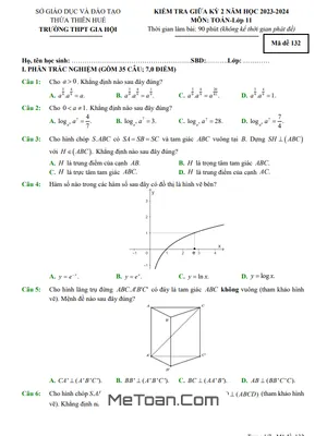 Đề Thi Giữa Kỳ 2 Toán 11 Năm 2023 - 2024 Trường THPT Gia Hội - TT Huế