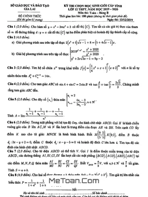 Đề thi HSG Toán 12 tỉnh Gia Lai năm học 2019 - 2020 - Giải chi tiết