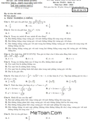 Đề Ôn Tập Cuối Kì 2 Toán 11 Năm 2022 - 2023 Trường Nguyễn Khuyến - Bình Dương