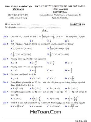 Đề thi thử THPT Quốc gia 2022 môn Toán lần 1 sở GD&ĐT Bắc Giang (mã đề 114)