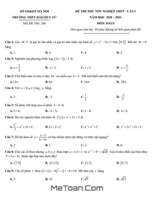 Đề Thi Thử Toán Tốt Nghiệp THPT 2021 Lần 1 Trường Đào Duy Từ - Hà Nội