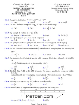 Đề thi thử Toán THPT Quốc gia 2020 lần 1 trường THPT Hà Trung – Thanh Hóa