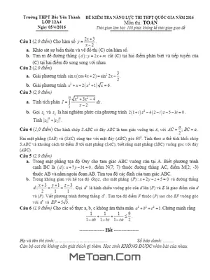 Đề Thi Thử Quốc Gia Môn Toán Lớp 12A4 Trường Bắc Yên Thành - Nghệ An 2016