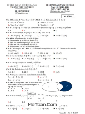 Đề kiểm tra giữa HK1 Toán 10 năm 2020 - 2021 trường THPT C Bình Lục - Hà Nam