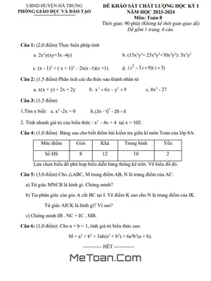 Đề thi học kỳ 1 Toán 8 năm 2023 - 2024 phòng GD&ĐT Hà Trung - Thanh Hóa