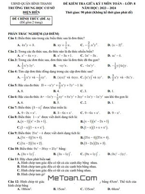 Đề thi giữa kỳ 1 Toán 8 năm 2023 - 2024 trường THCS Điện Biên - TP HCM