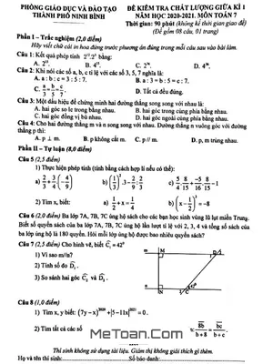 Đề thi giữa kì 1 lớp 7 môn Toán năm 2020 - 2021 phòng GD&ĐT Ninh Bình