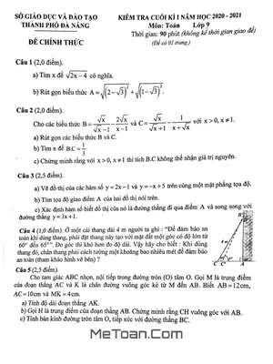 Đề thi học kì 1 Toán 9 năm 2020 - 2021 Sở GD&ĐT Đà Nẵng