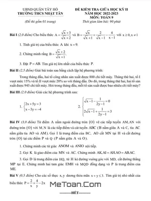 Đề thi giữa kỳ 2 Toán 9 năm 2022-2023 trường THCS Nhật Tân - Hà Nội